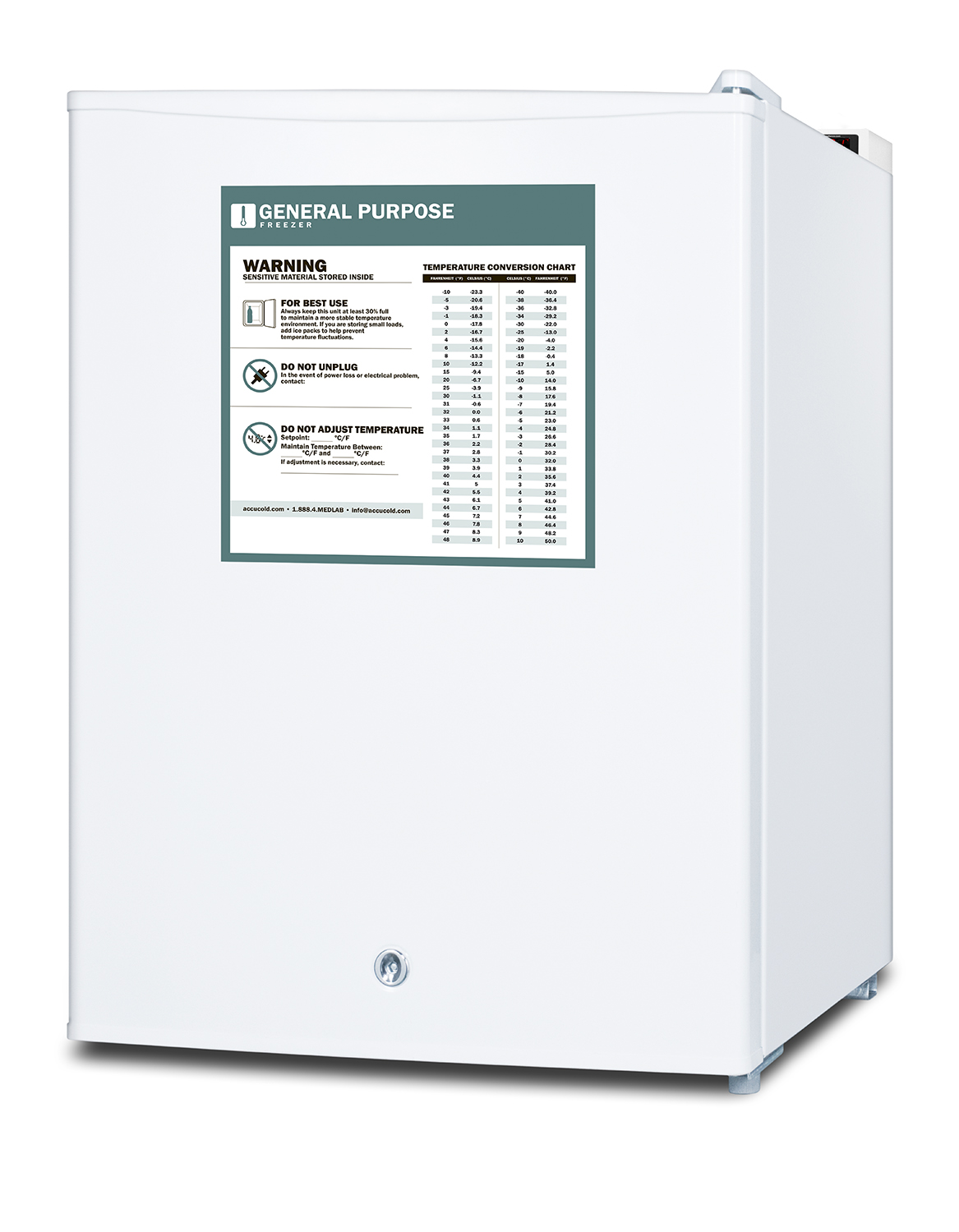 Compact manual defrost all-freezer for general purpose use, with lock and reversible door